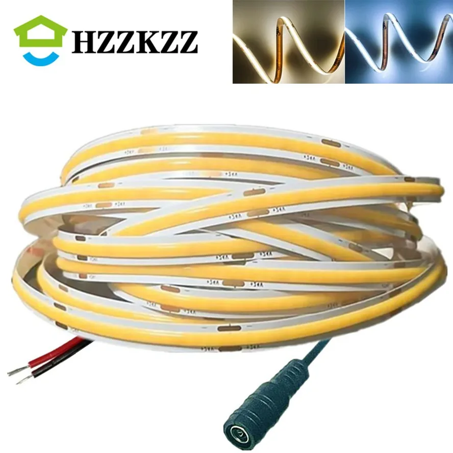 Tira de luces LED COB de 12V y 24V, cinta de luz ultrafina de 8MM con enchufe de CC/cable de 2 pines, iluminación lineal regulable, decoración de lámpara de alta densidad