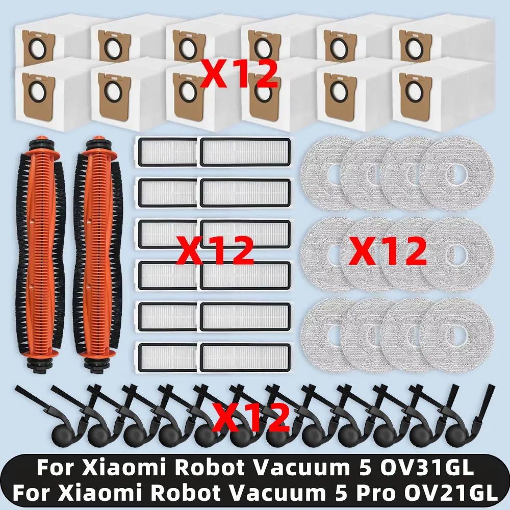 Compatible con ( Xiaomi Robot Vacuum 5 OV31GL / Xiaomi Robot Vacuum 5 Pro OV21GL ), repuestos, accesorios, Cepillo Lateral principal, filtro HEPA, paño de mopa, bolsa para el polvo