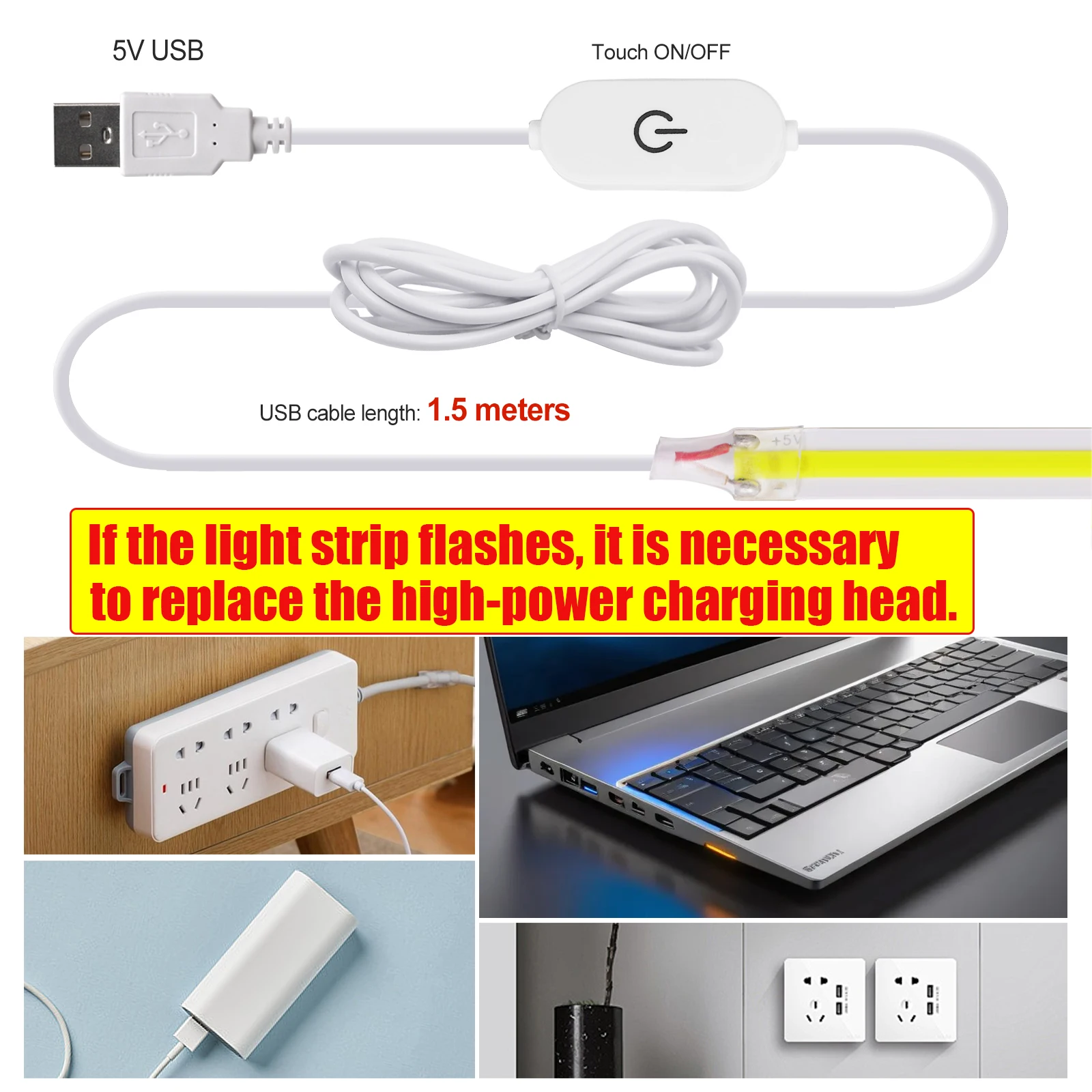 Tira LED COB de 5V USB con Interruptor Táctil y Regulador de Intensidad, 320 Leds, Blanca, 3000K 4000K 6000K, Decoración del Hogar, Lámpara para Gabinete, Cinta Flexible, Luz LED