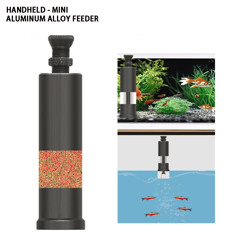 Alimentador de peces manual de aleación de aluminio con presión de dedo, alimentador DIY para peces, mini alimentador de peces de pequeña dosificación, alimentador cuantitativo