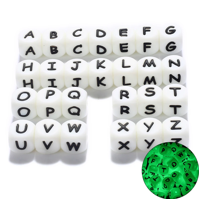 50 Uds. Cuentas de silicona con letras del alfabeto, cuentas espaciadoras cuadradas del alfabeto de 12mm para fabricación de joyas, cadena de chupete, mordedor con nombre a granel