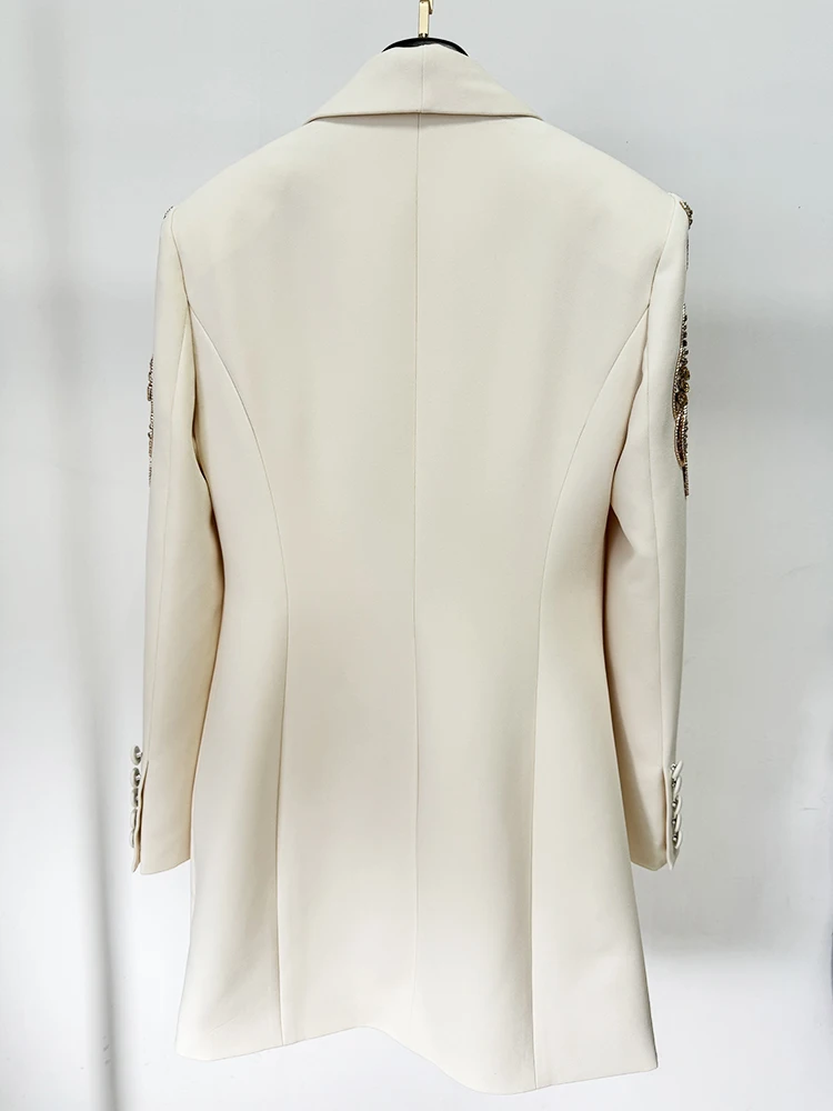 HIGH STREET Última Moda 2026 Vestido de Diseñador para Mujer con Cuello Chal y Adornos de Cuentas, Estilo Blazer Drapeado