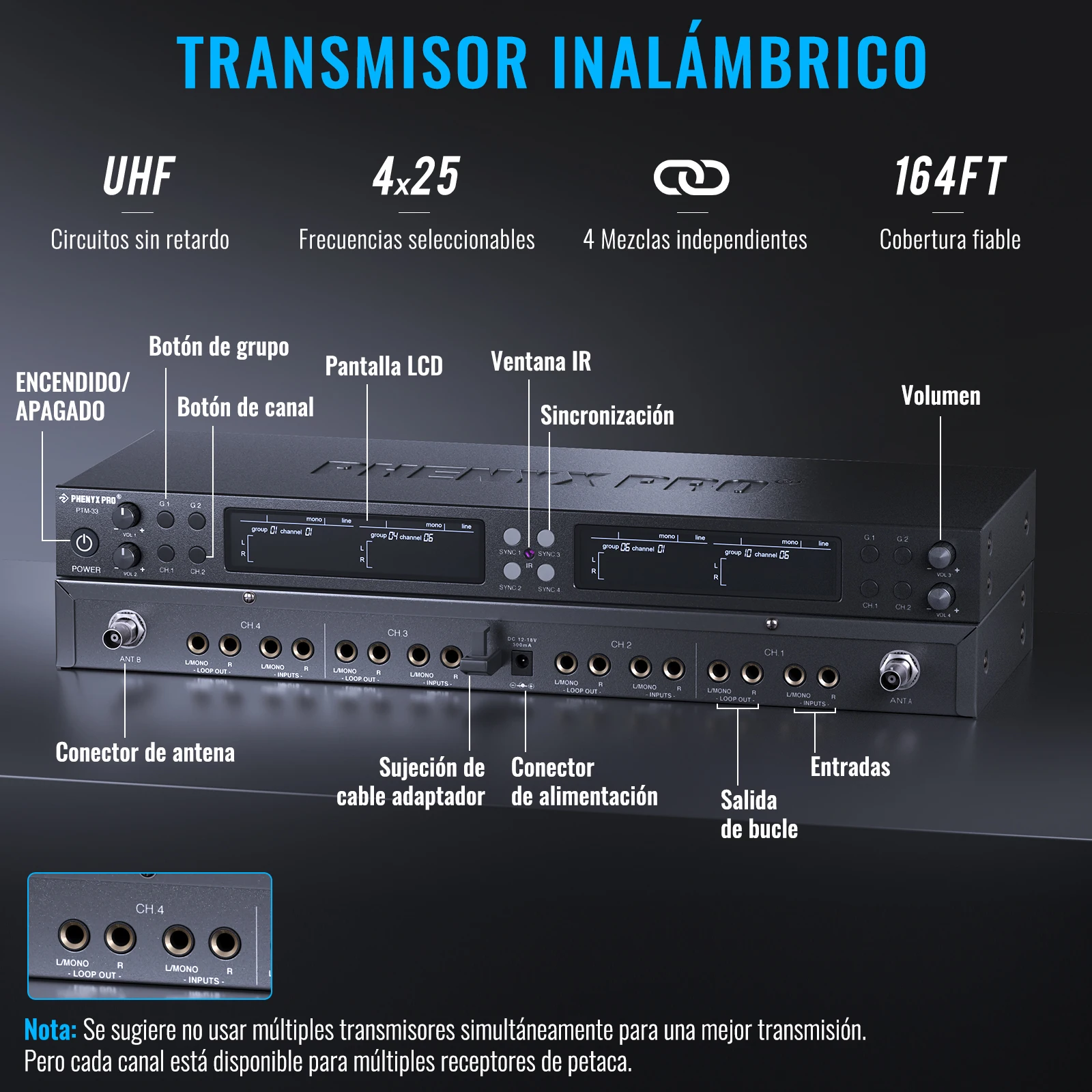 Sistema de Monitoreo Inalámbrico In-Ear Phenyx Pro PTM-33 de 4 Canales Mono con Soporte de Rack para Iglesia y Bodas