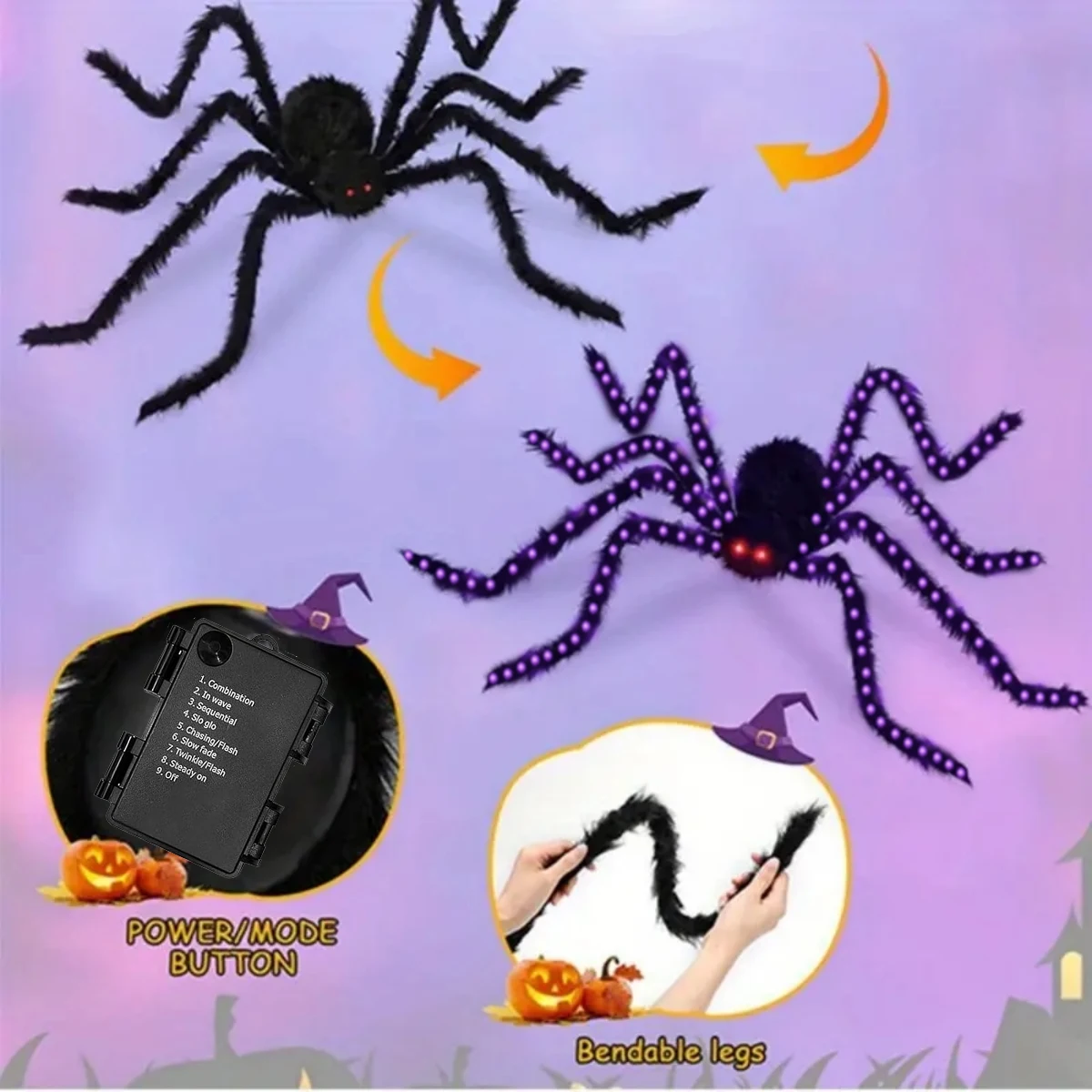 1 pieza de araña gigante luminosa de Halloween, negra y peluda, con luz LED morada, alimentada por batería, 8 modos de iluminación, para decoración de porches interiores y exteriores.