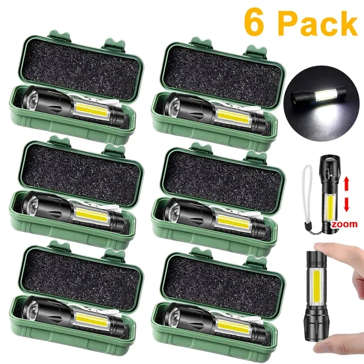 Minilinterna LED portátil, luz COB con Zoom telescópico, recargable por USB, táctica, para acampar, senderismo, linterna de emergencia, 1-6 uds.