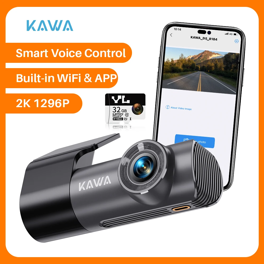 Cámara de salpicadero 2K para coche, DVR, grabadora de video KAWA D5, control de voz de emergencia, WiFi, aplicación, monitor, WDR.