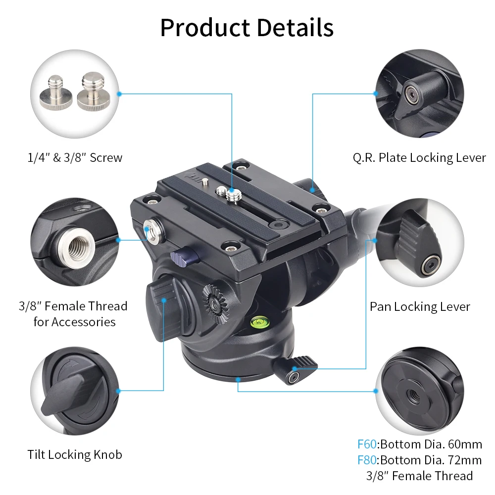 INNOREL-Cabezal fluido de vídeo F60/F80, trípode de cámara profesional, cabezal panorámico de arrastre fluido para cámaras DSLR, videocámaras, teleobjetivo