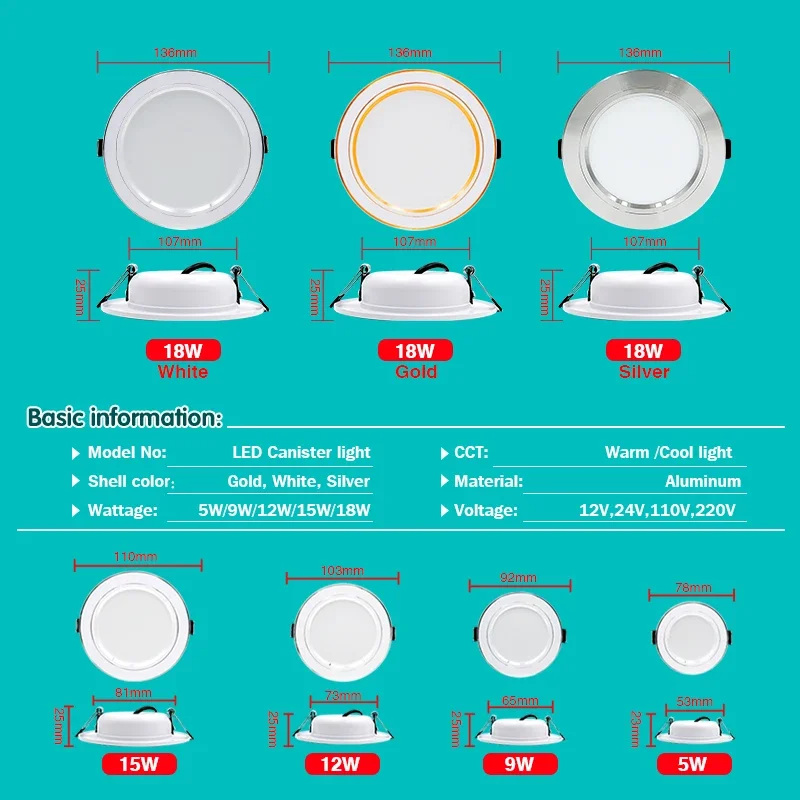 10 unids/lote LED Downlight oro/plata/cuerpo blanco 5W 9W 12W 15W 18W luz de techo Led redonda 12V 24V 110V 220V iluminación LED interior
