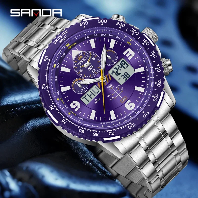 Relojes de cuarzo SANDA para hombre, nueva colección, diseño moderno, correa de acero inoxidable, fecha, cronógrafo multifuncional, resistente al agua 5 bar.