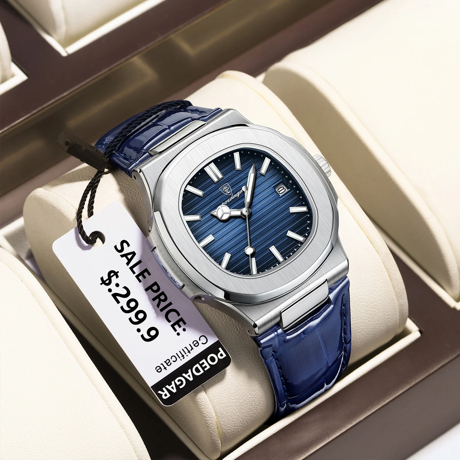POEDAGAR, Reloj cuadrado de lujo para hombre, Reloj de pulsera luminoso resistente al agua con fecha para hombre, relojes de cuarzo de cuero de alta calidad para hombre + Reloj con caja