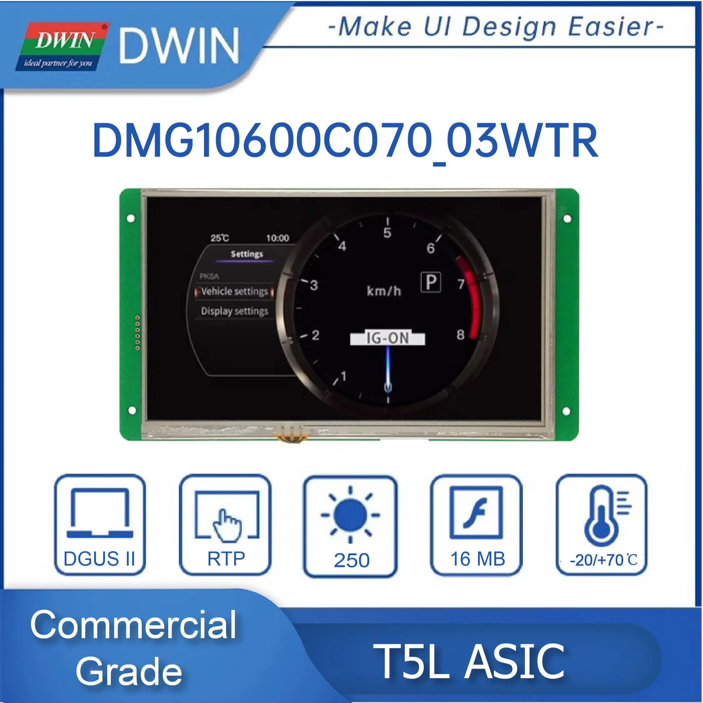 Módulo Inteligente HMI DWIN con Pantalla de 7.0 Pulgadas 1024*600, Módulo IPS-TFT-LCD, Panel Táctil Capacitivo, Amplio Ángulo de Visión DMG10600C070_03W