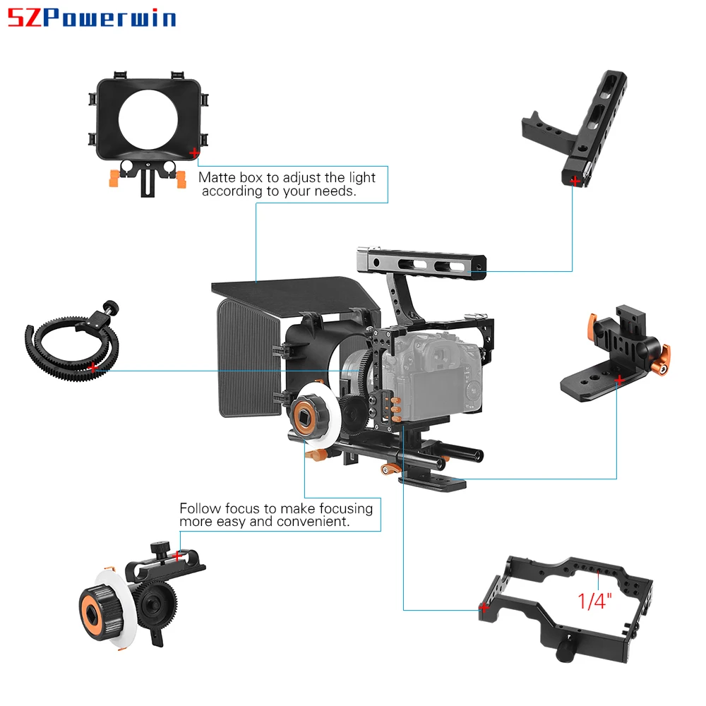 Kit de jaula Powerwin C500 para GH4, A7S, A7, A7R, A7RII, A7SII, DSLR, cámara de estudio fotográfico, Rig, estabilizador deslizante, Follow Focus, juego de puerta de Granero