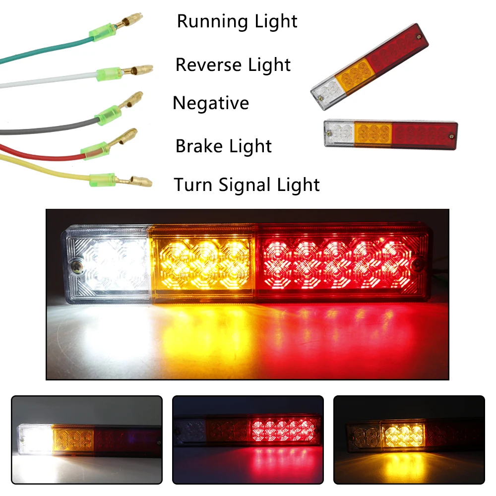 Barra de luces traseras para remolque, lámpara de marcha atrás de freno de estacionamiento, impermeable, 12V, rojo, ámbar y blanco, 20 LED