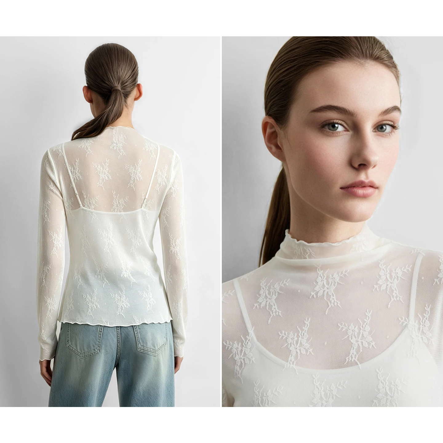 Camisetas de Mujer Amii con Cuello Alto, Otoño 2026, Manga Larga, Jacquard, Encaje, Tejido de Punto, Tops Elegantes y Ajustados para el Trabajo, Ropa de Mujer 12623032
