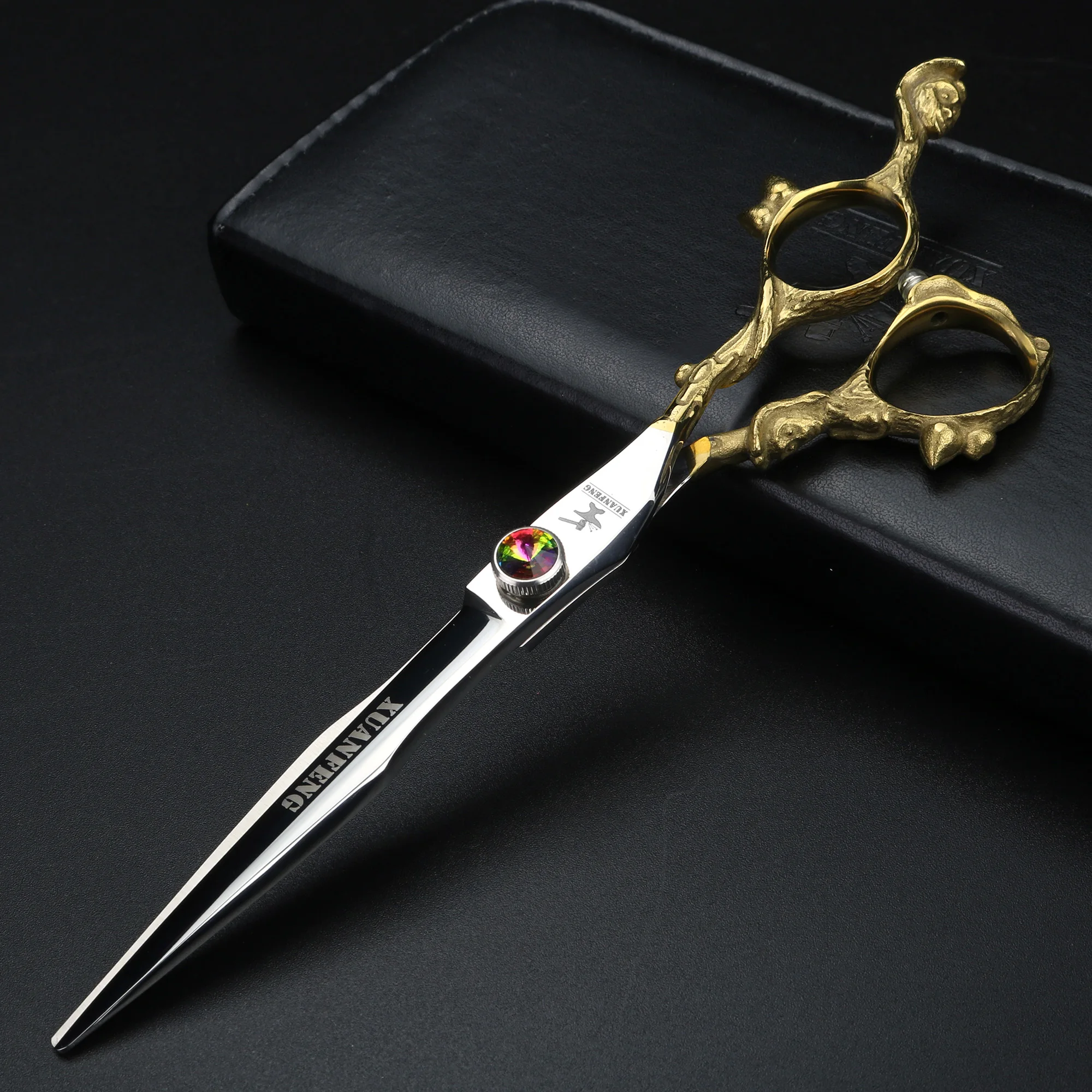 Tijeras de pelo de mono dorado de 7 pulgadas, corte de acero 440C japonés, tornillos de diamante de Color