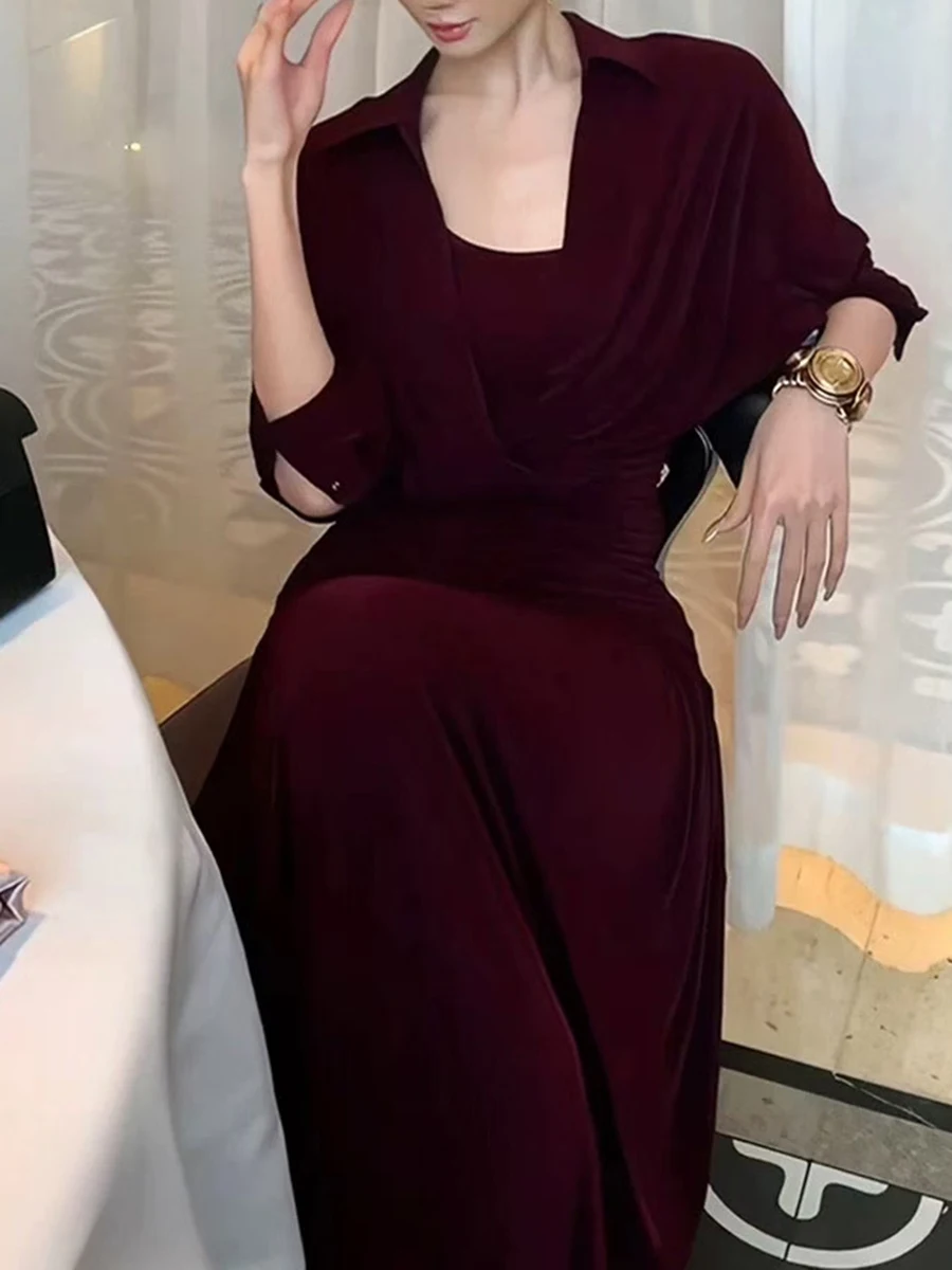 TWOTWINSTYLE, vestidos lisos con pliegues empalmados y sentido del diseño para mujer, Túnica de manga larga con solapa, vestido falso de dos piezas a la moda para mujer
