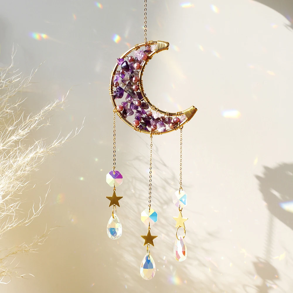 Atrapasueños de amatista con piedras preciosas de cristal y Luna, atrapasueños para decoración del hogar, ventana de cristal de arcoíris, decoración de jardín y patio al aire libre