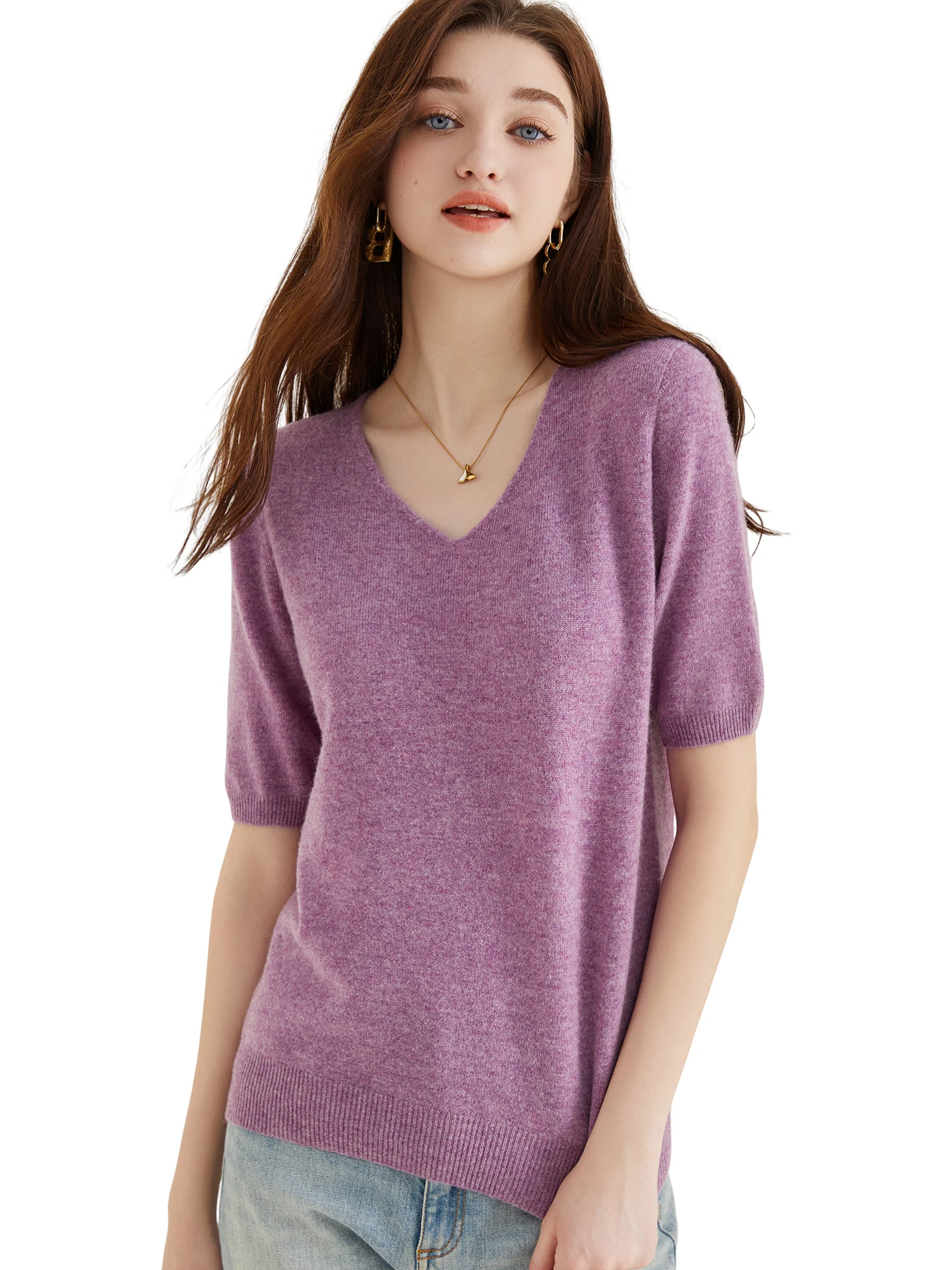 Suéter de mujer, suéter de lana merina de 100% para mujer, jersey, Tops de manga corta, ropa femenina de punto suave con cuello en V para primavera y verano