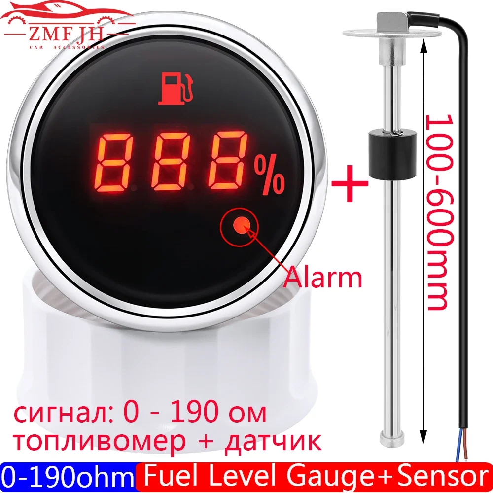 Medidor de Nivel de Combustible Digital Automático de 52 mm con Luz de Alarma, Indicador de Tanque de Combustible de 0-190 Ohmios, Sensor de Nivel de Combustible Marino de 100-600 mm Zmfjh