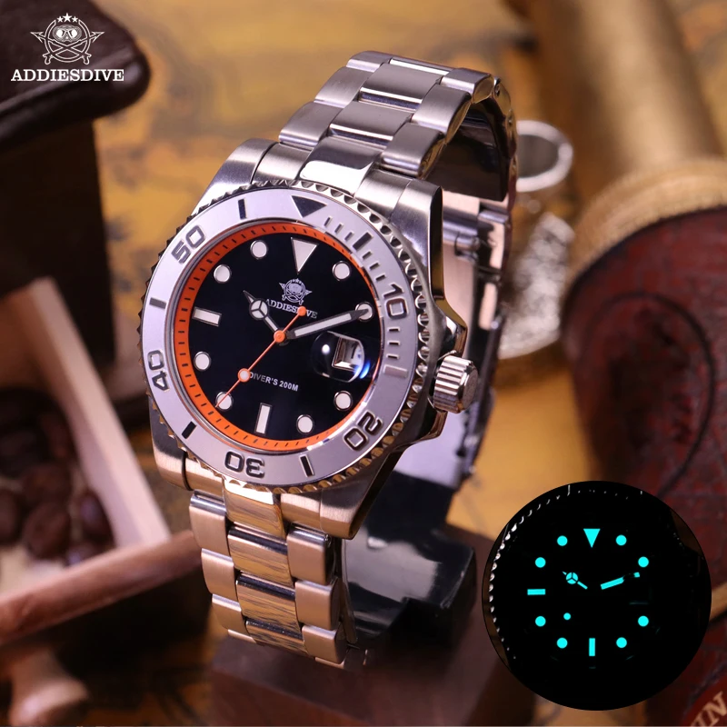 Reloj de buceo ADDIESDIVE para hombre, resistente al agua hasta 200m, BGW9, bisel de cerámica superluminoso, elegante reloj de cuarzo de acero inoxidable para hombre