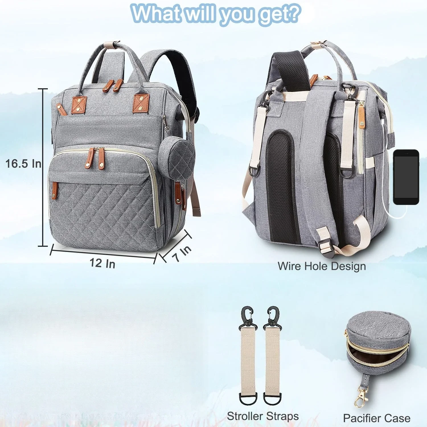 Bolsa de pañales Mochila Bolsa de bebé, Bolsa de pañales para bebé niña niño para papá mamá con almohadilla, Bolsas de pañales grandes de viaje con estuche para chupete