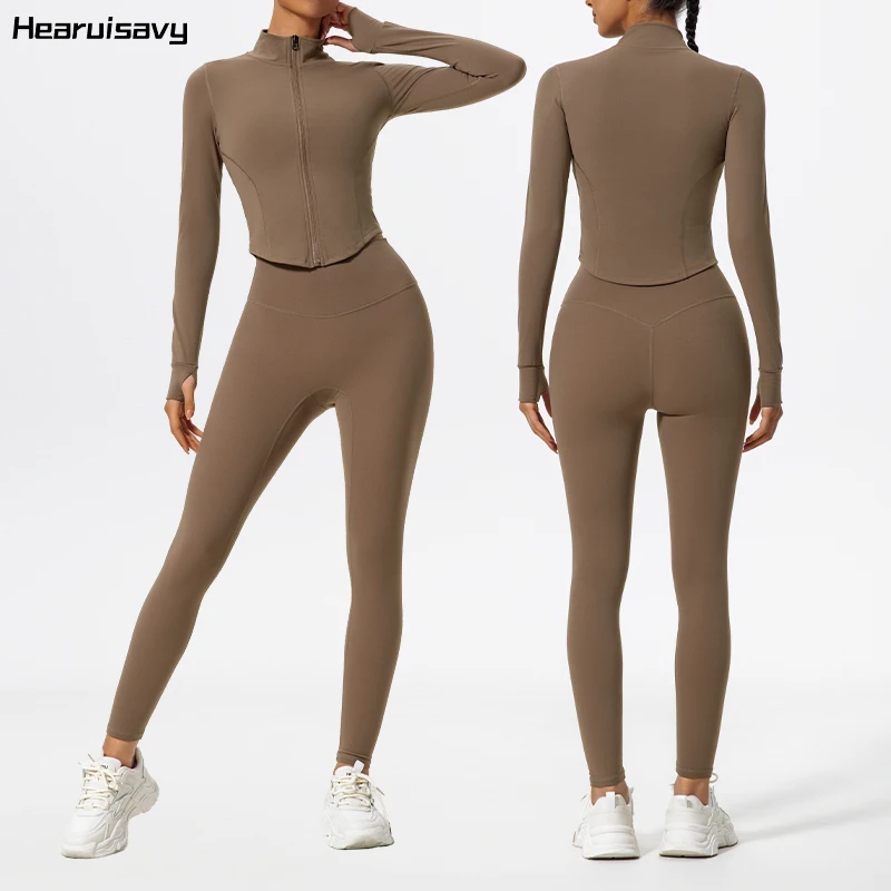 Conjunto Deportivo Hearuisavy de Verano para Mujer, 2 Piezas, Tejidos Ultrasuaves, Manga Larga, Secado Rápido, Ropa de Yoga, Leggings, Chaqueta Deportiva