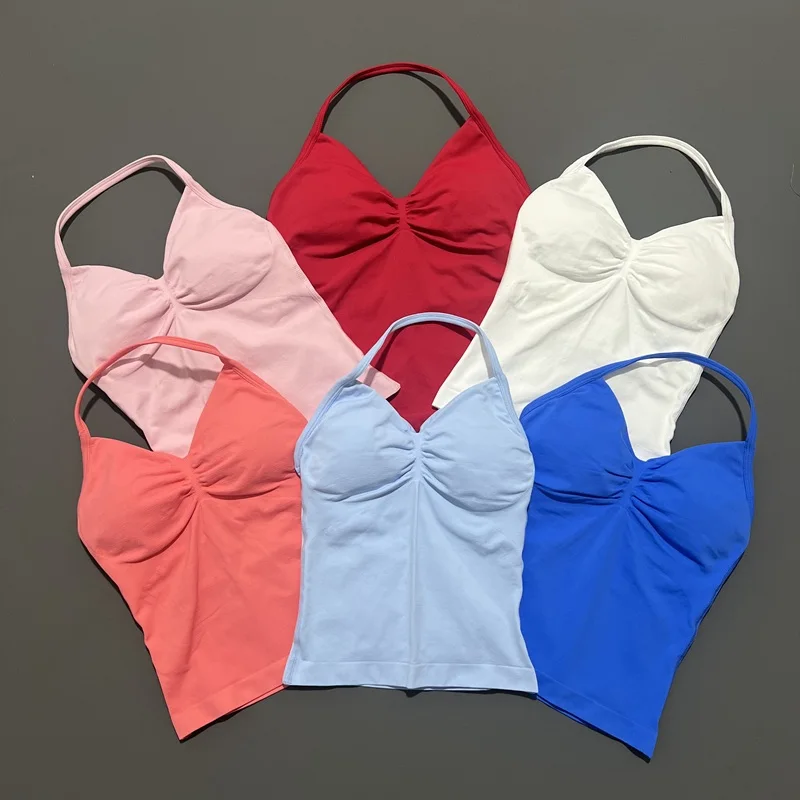 Histello-Top con tiras palangre para mujer, chaleco deportivo ajustado, ropa para Fitness, Top de Yoga, Tops con espalda abierta, entrenamiento de gimnasio, cuello Halter para correr