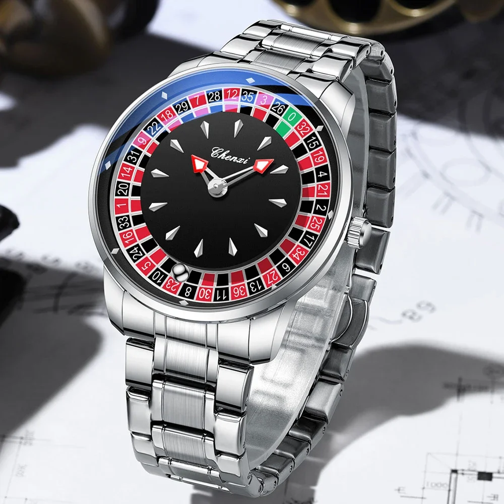 Reloj de Cuarzo CHENXI para Hombre con Esfera Giratoria de Ruleta, Números Arábigos, Resistente al Agua, Manecillas Luminosas, Reloj de Pulsera Masculino, Regalo, Reloj Hombre