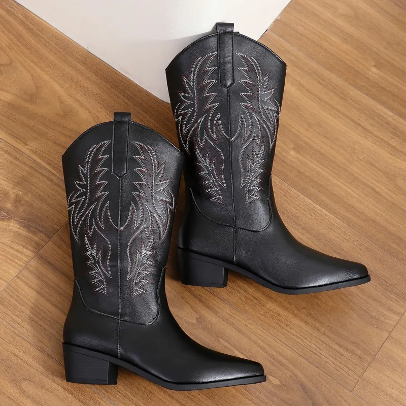 Botas occidentales para mujer, moda Otoño Invierno 2024, botas de vaquero de tacón grueso, estilo Vintage, botas de tacón alto de vaquera occidental campestre