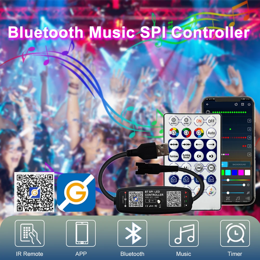 Controlador LED WS2811 WS2812B, música Bluetooth, micrófono incorporado, 28 teclas, Control remoto, direccionable individualmente, tira de luces LED de píxeles