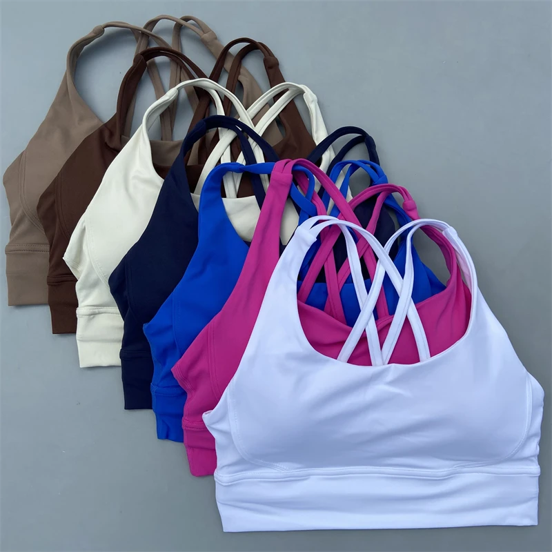 Sujetador deportivo con correas cruzadas para mujer, Top deportivo para gimnasio, Bralette de alto soporte para Fitness, chaleco de Yoga, ropa interior push-up para correr con almohadilla para el pecho