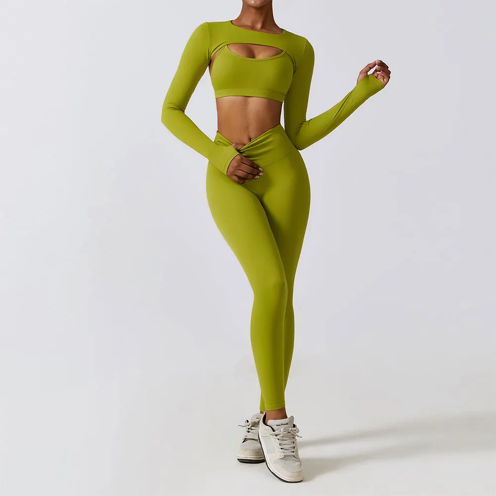 Ropa deportiva, conjunto de Yoga, ropa de entrenamiento para mujer, ropa atlética, mallas deportivas para gimnasio, sujetador de encaje perfecto, Top corto, traje de Yoga de manga larga