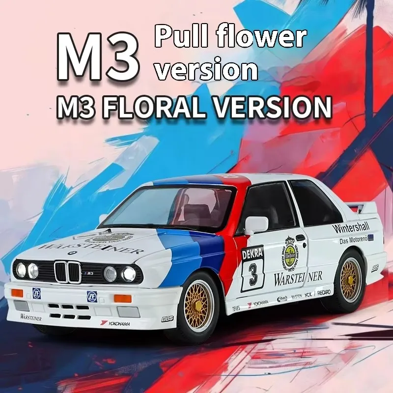 1:24 BMW M3 E30 1987 DTM coche en miniatura de aleación sonido y luz tirar hacia atrás juguete para niños coleccionables regalo de cumpleaños
