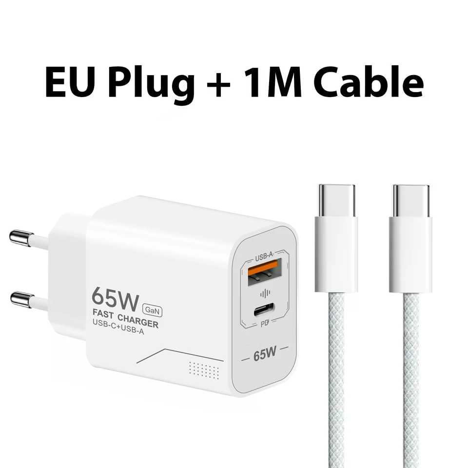 Cargador Universal Lenovo PD 65W, Cargador de Smartphone Compatible con Todos los Protocolos, Cargador Multi-Puerto A+C con Adaptador EU/US y Cable de Datos de 1m