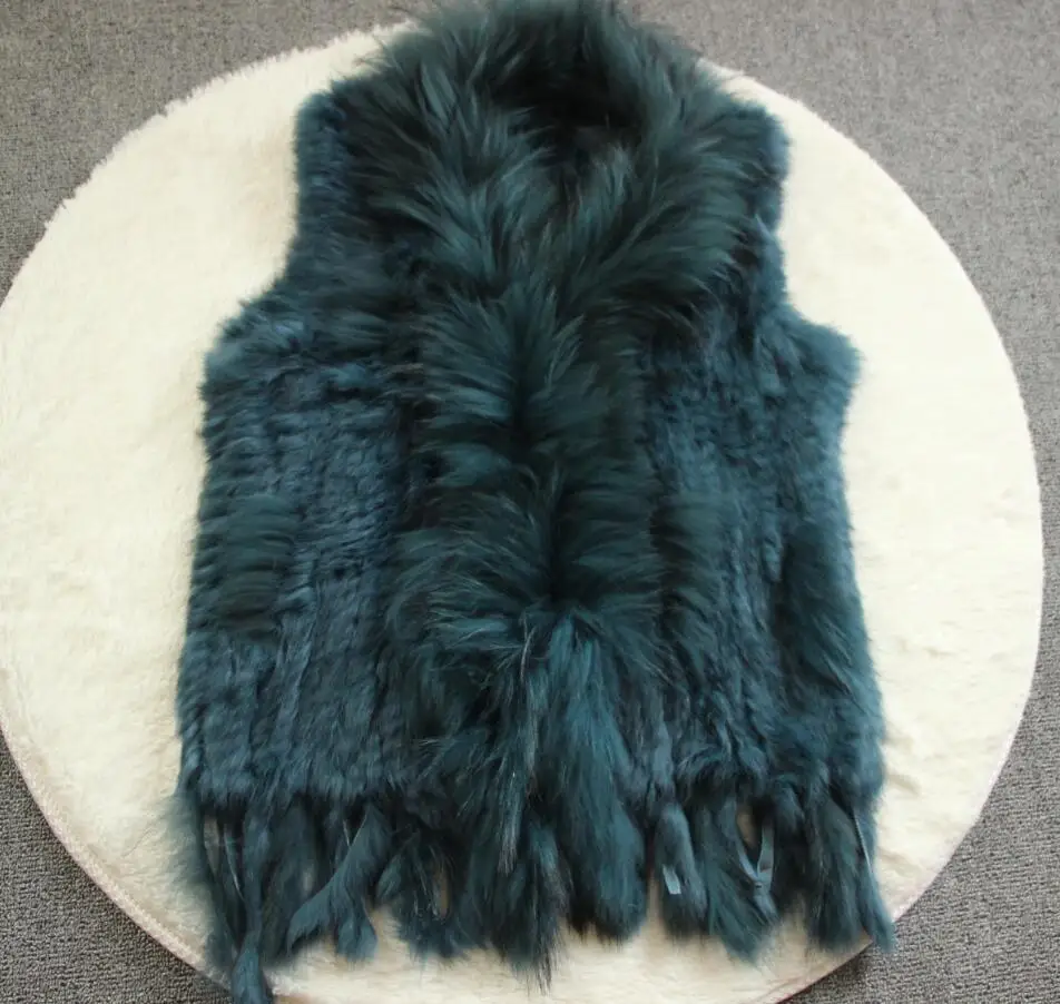 Chaleco de piel de conejo natural para mujer Harppihop con cuello de piel de mapache, chaleco/chaqueta de piel de conejo rex tejida para invierno.