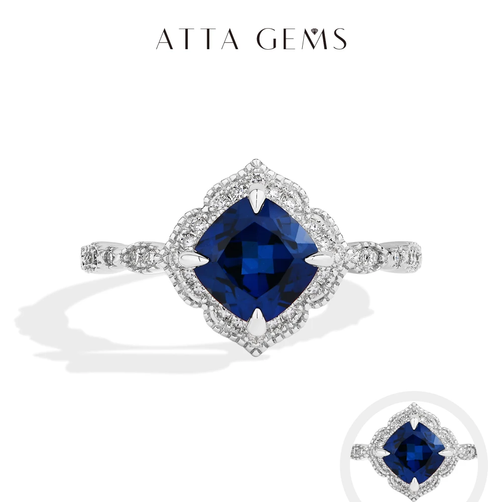 ATTAGEMS-Anillo clásico de zafiro azul, corte cojín, 2.0ct, DVVS1, Plata de Ley 925 auténtica para mujer, joyería fina de compromiso y boda