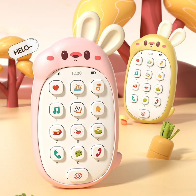 Juguetes de conejo para niños, teléfonos móviles, rompecabezas masticable para bebés, teléfono musical multifuncional para hombres y mujeres sin batería