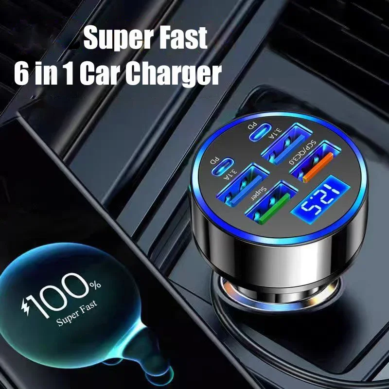 Adaptador de cargador de coche UYUXIO USB C con pantalla de voltaje 6 en 1 súper rápido en el coche para iPhone 16 15 Pro Max Samsung Android Phone