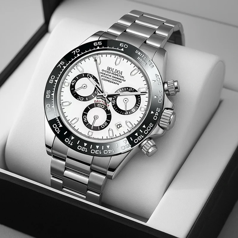 Reloj de cuarzo multifuncional moderno de acero inoxidable plateado para hombre con pantalla de puntos y líneas
