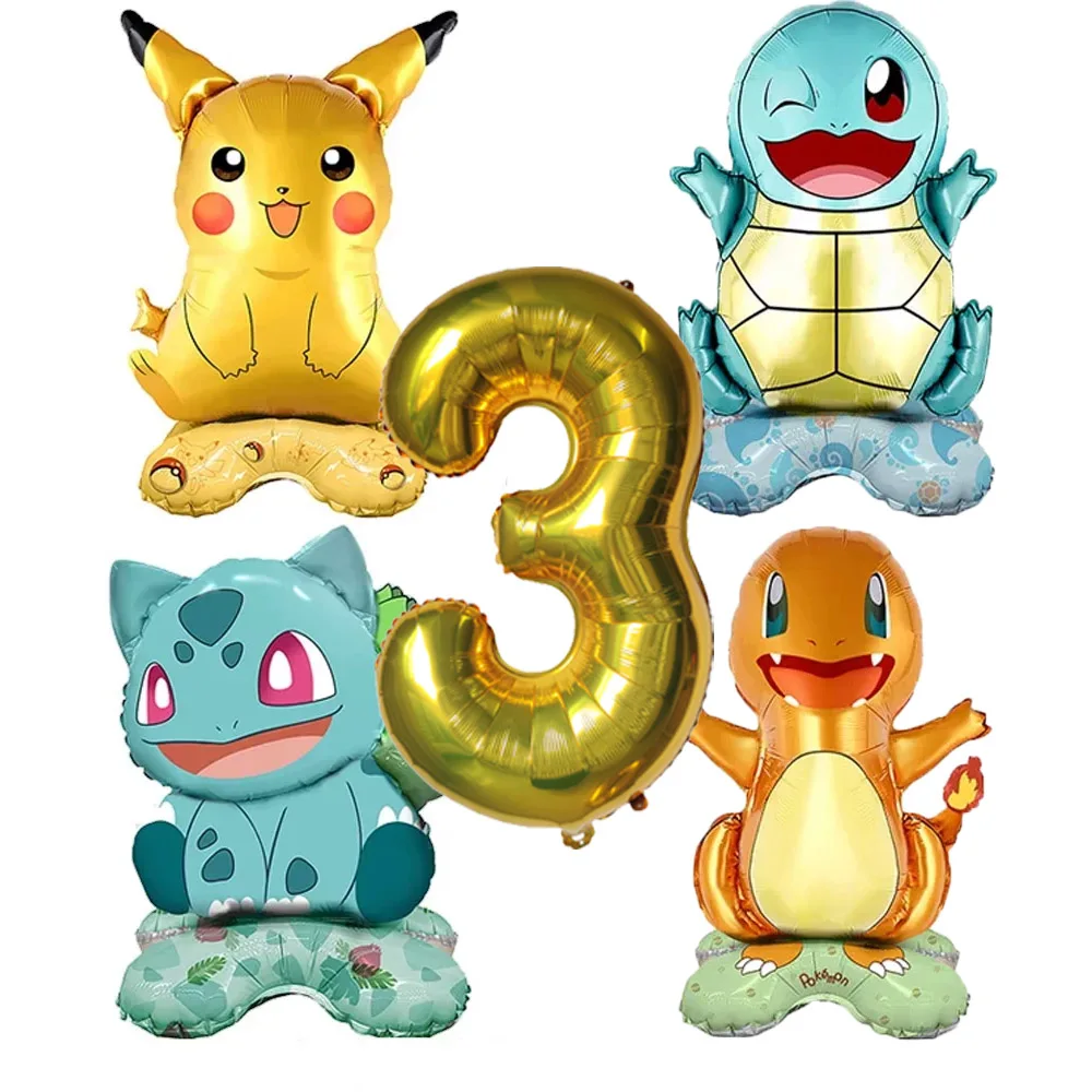 Set de 5 Globos de Látex con Números de Pokémon: Pikachu, Charmander, Squirtle, Bulbasaur, para Decoración de Fiestas de Cumpleaños