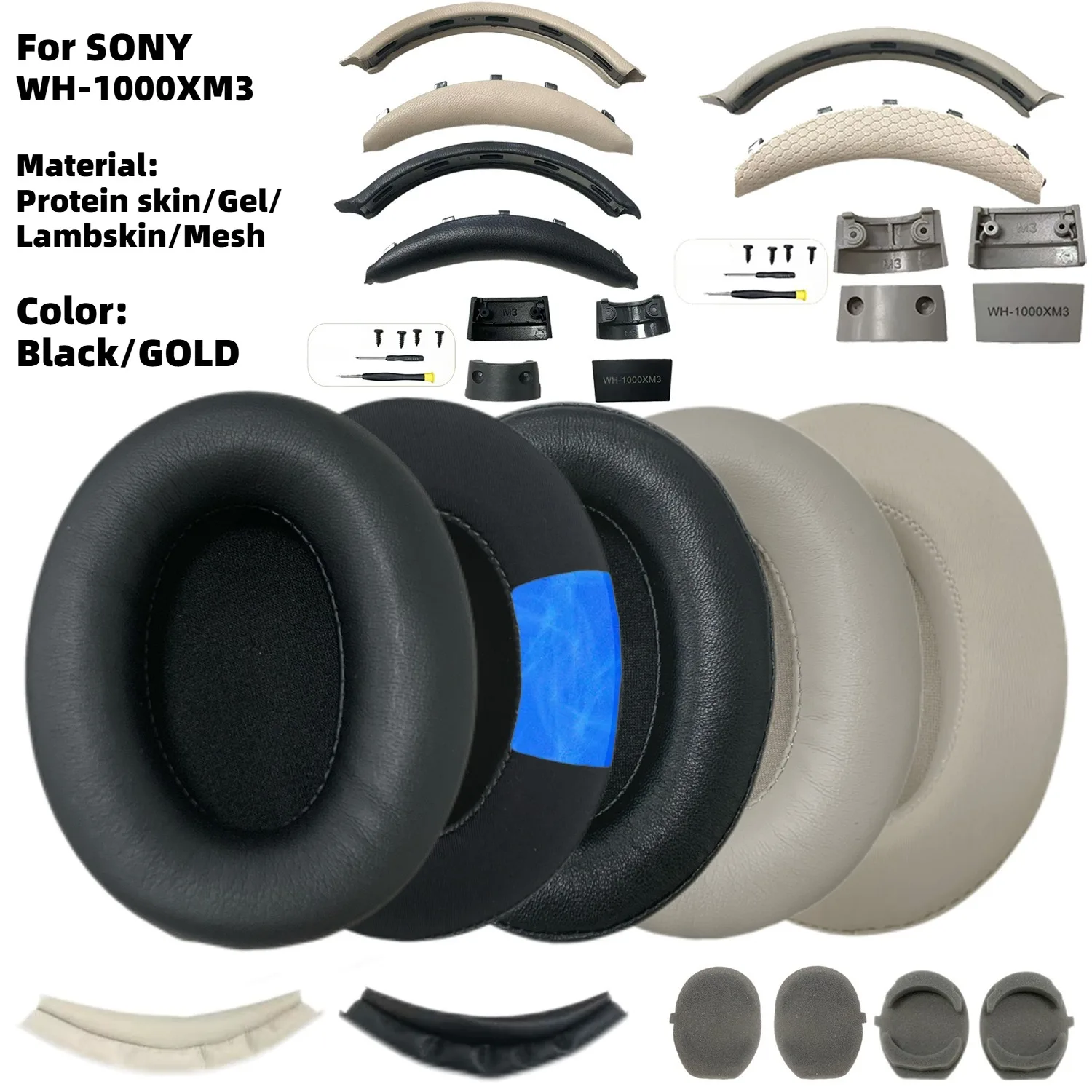 Almohadillas de gel refrescante para auriculares Sony WH-1000XM3, almohadillas de malla transpirable, cojines de cuero de oveja y cuero proteico, diadema con clip.