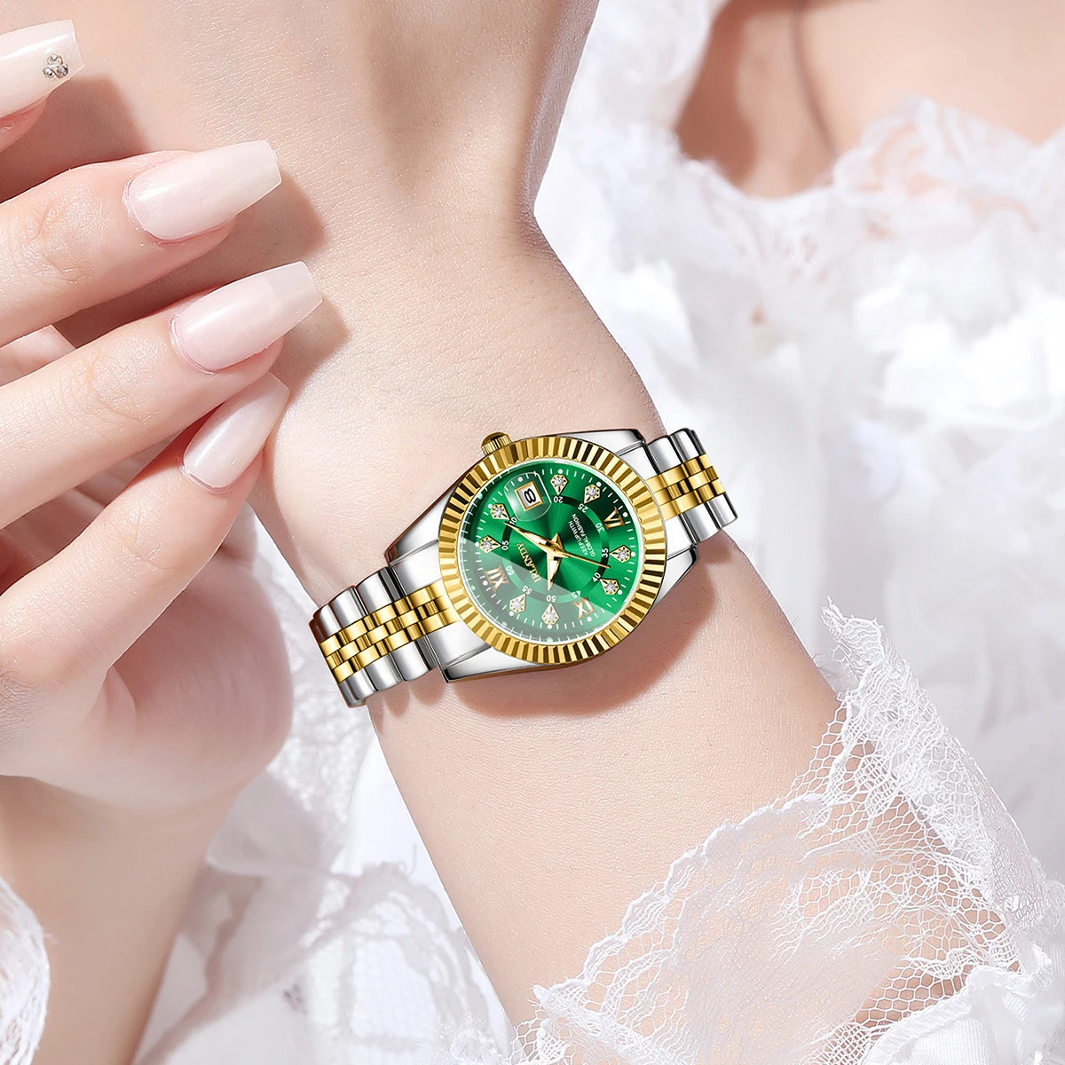 Reloj de cuarzo con esfera Roma para mujer, relojes de pulsera con calendario de acero inoxidable y diamantes de imitación para mujer, reloj femenino (sin caja)