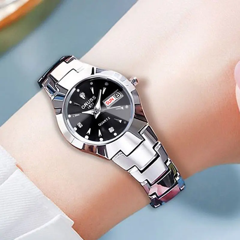Reloj ORUSS de marca novedosa para mujer, reloj de cuarzo elegante de acero inoxidable resistente al agua con puntero luminoso y calendario semanal para mujer