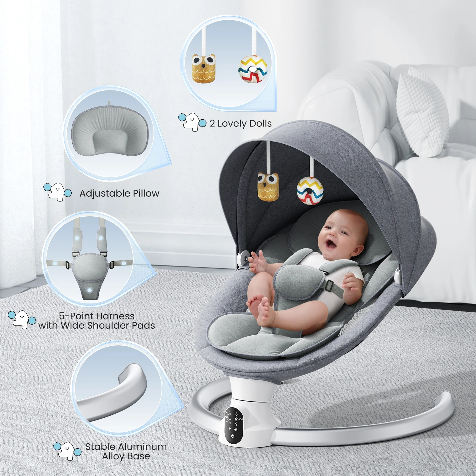 Columpio eléctrico para bebé, balanza para bebé con aplicación y control remoto desde el nacimiento hasta 9 kg, arnés de 5 puntos, báscula para bebé mejorada con 3 temporizadores