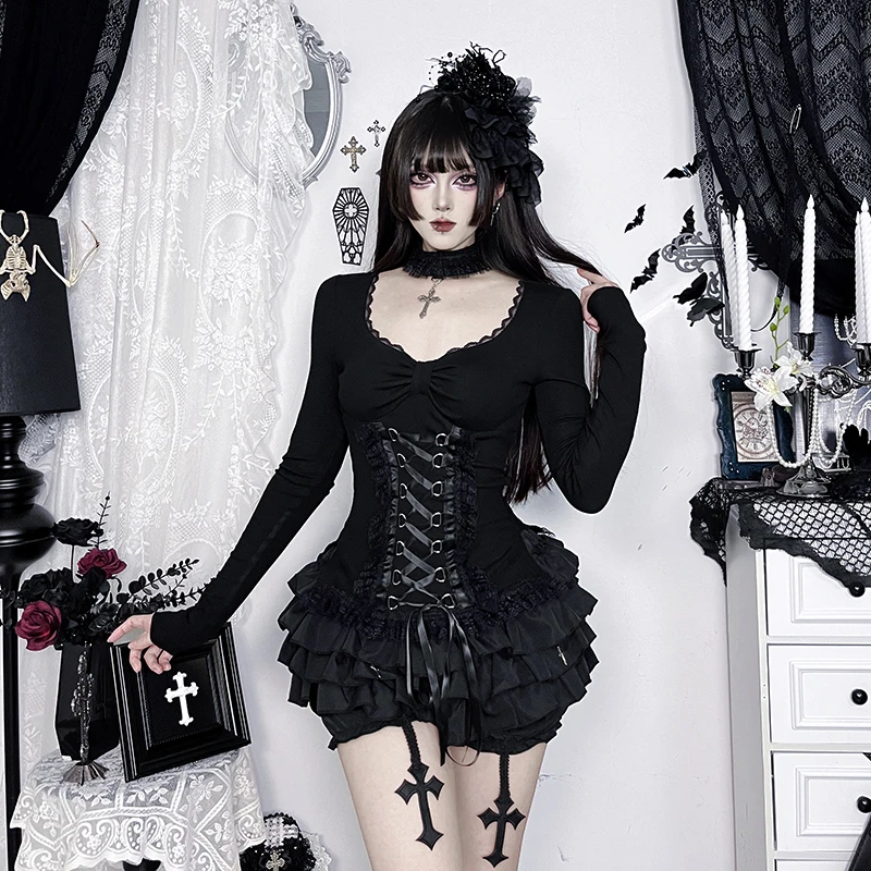 Camiseta Corset Estilo AltGoth Fairycore Grunge Gótico para Mujer, Estética Vintage Oscura, con Encaje y Parches, Cintura Alta, Estilo Bandage
