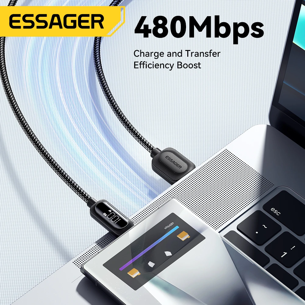Cable USB a Tipo C Essager de 100W con Carga Rápida y Pantalla Digital, Cable USB C para iPhone 15, Samsung, Huawei, Xiaomi, OPPO, Cable de Datos