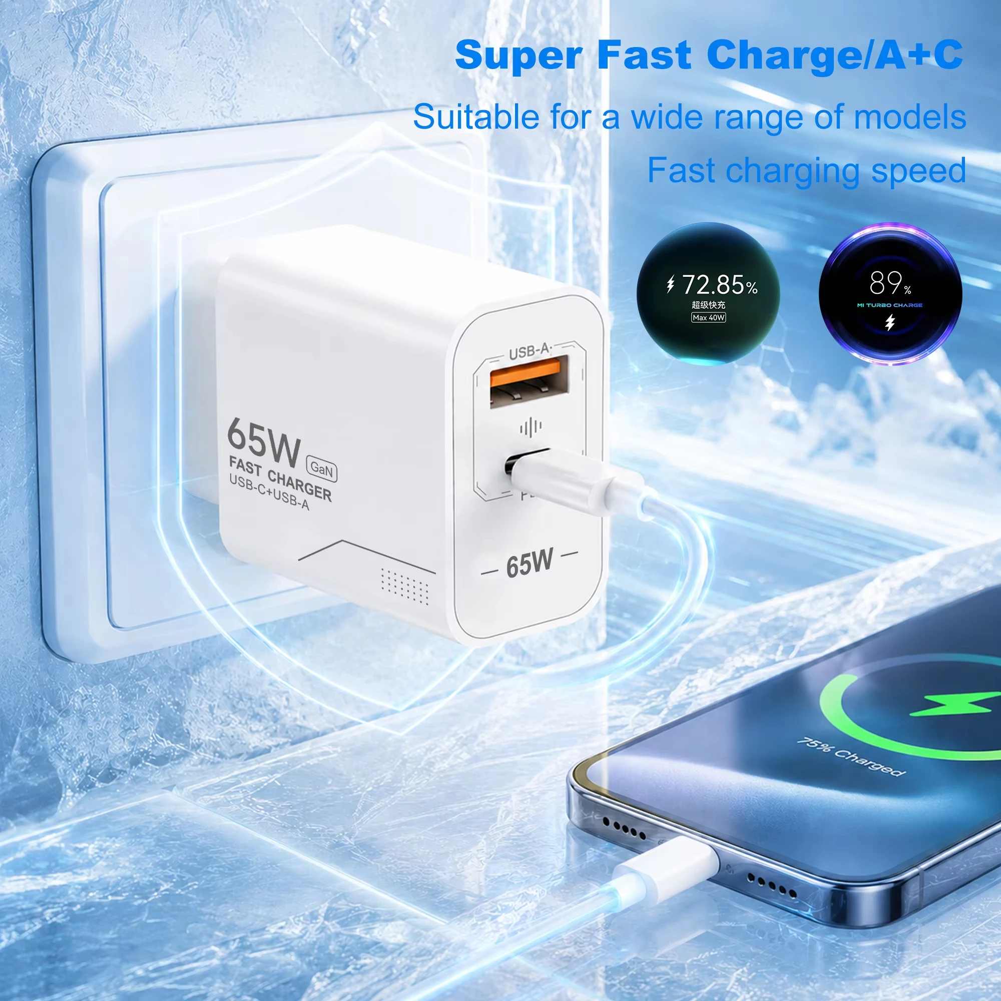 Cargador USB C GaN de 65W, cargador de teléfono de carga rápida de 2 puertos, adaptador de corriente para iPhone, Samsung, Xiaomi, tipo C, cargador de pared con enchufe europeo/estadounidense