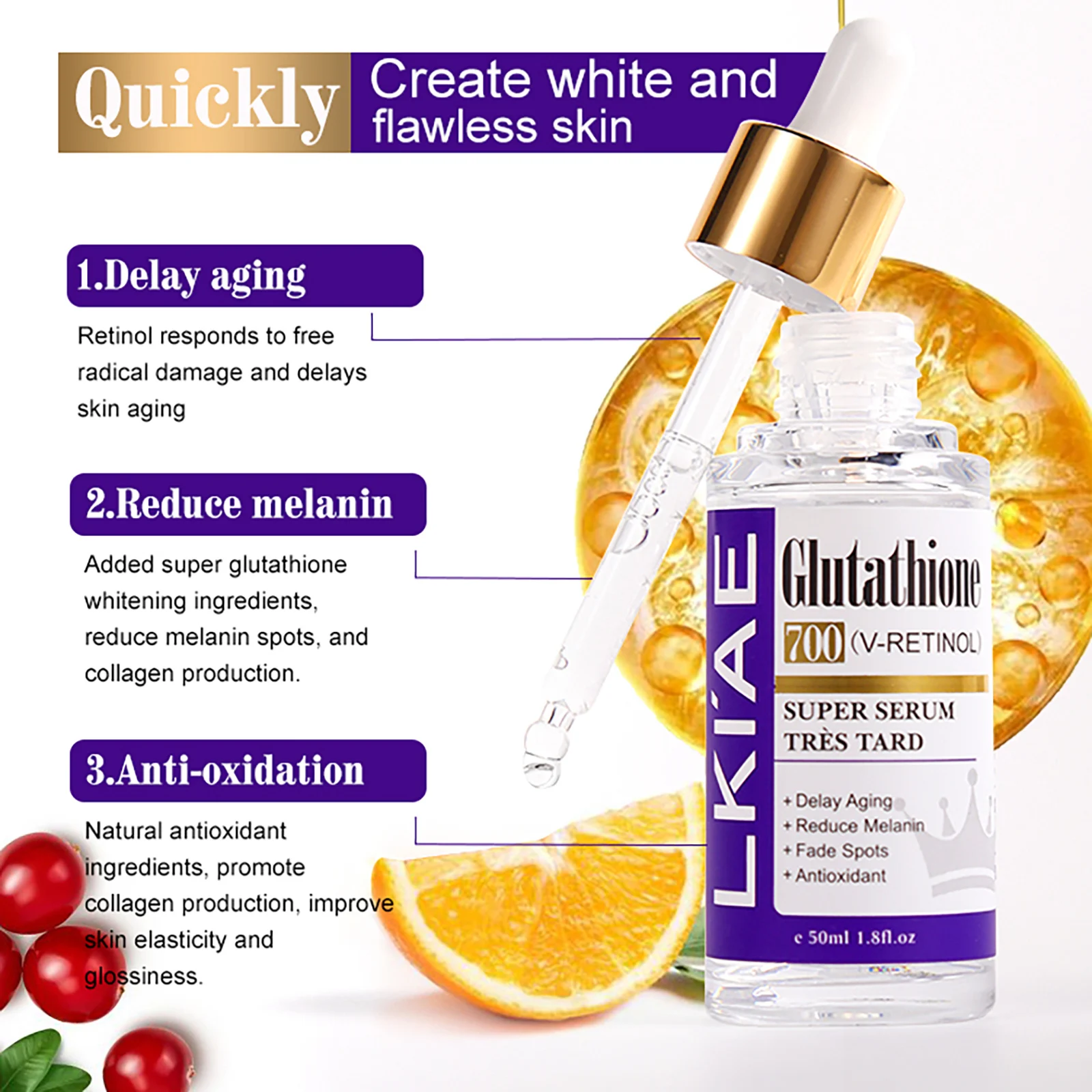 LKIAE Suero facial blanqueador de glutatión, elimina la melanina, las manchas oscuras, cloasma, con retinol, niacinamida, para todo tipo de piel