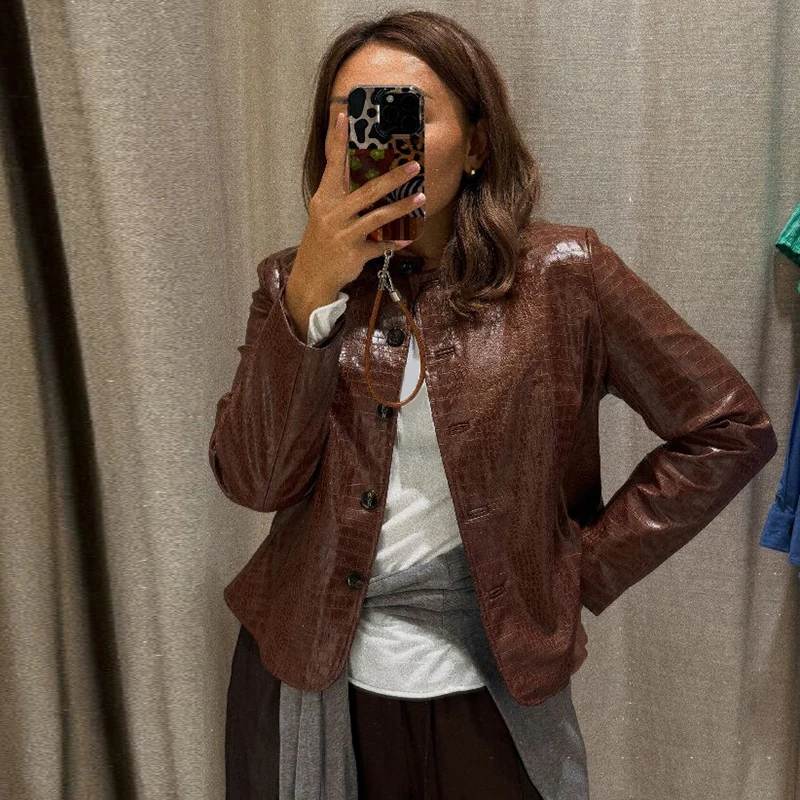 Chaqueta de cuero sintético con estampado de cocodrilo para mujer, cuello redondo, cierre de botones frontales, bajo peplum acampanado, corte ajustado, abrigo corto, ropa de calle para damas.