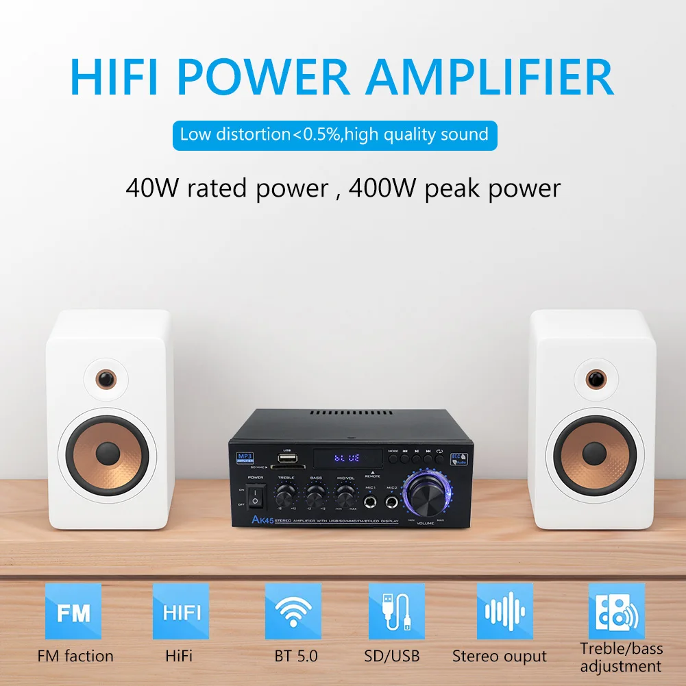 Amplificador Digital HiFi AK45 con Bluetooth, amplificador de sonido envolvente 2,0, Canal MP3, compatible con 90V-240V, máx. 350W x 2, para casa y coche